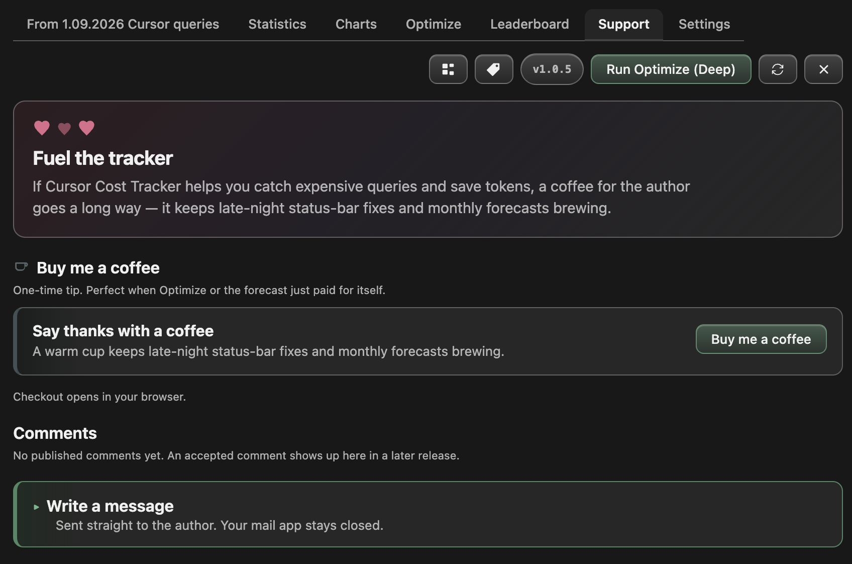 Support tab with Buy Me a Coffee and Write a message.